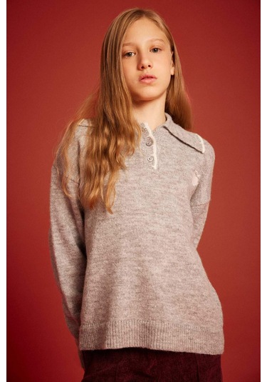 Defacto Kız Çocuk Polo Yaka Triko Kazak G3237a825wngr2 Gri-gr2