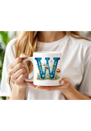 W Baş Harfi Fantastik Mantarlı Kupa Bardak - Kişiye Özel Masalsı Bardak - Hediye Beyaz