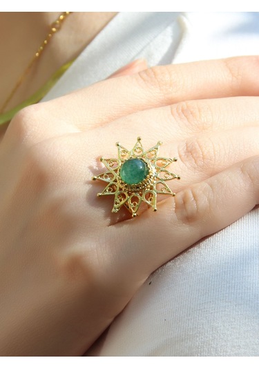 Esha Store Doğal Taş Yeşil Akik Doğal Taşlı Yıldız Model Telkari Kadın Ayarlanabilir Altın Kaplama Yüzük Euy60y Yeşil