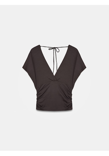 Dilvin 32890 Derin V Yaka Büzgülü Top-koyu Kahve