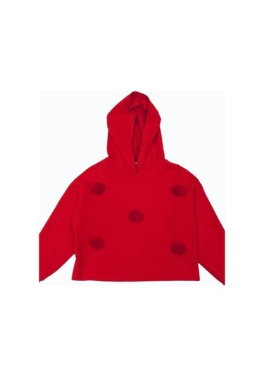 Kız Çocuk Kapüşonlu Ponponlu Sweatshirt-13496 Kırmızı