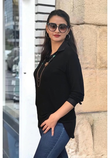 İçten Gömlek Çıkmalı Bluz Siyah