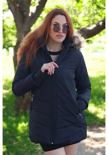 Eldiven Detaylı Siyah Kapüşonlu Orta Boy Kürklü Şişme Mont Co121syh1 Siyah