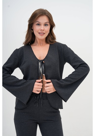 Kadın Antrasit Gri Tam Kalıp Ceket Önden Bağlamalı İspanyol Kol Ceket Antrasit