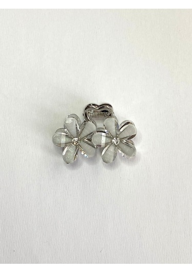 Gri Taşlı Çiçek Gümüş Detaylı Metal Mandal Toka 4 Cm Gri