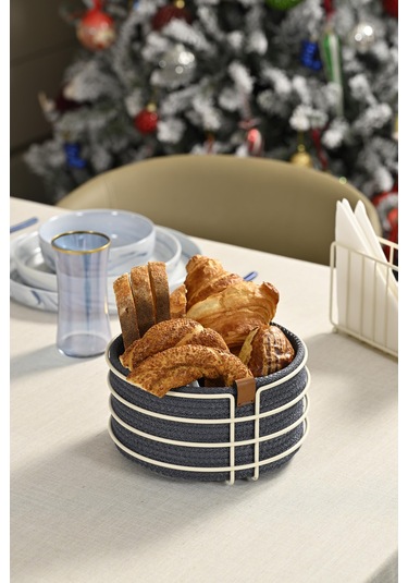 Bej Yuvarlak Ekmek Sepeti Şık,ekmeklik Mavi Hasır Örmeli Makrome-çok Amaçlı Metal Paslanmaz Beyaz