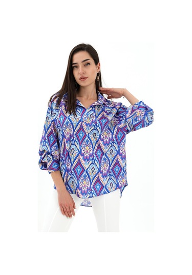 Reglan Kol Baskılı Saten Gömlek - Mavi-mavi Mavi