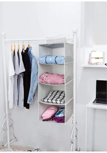 3 Adet Dolap İçi 4 Raflı Çok Katlı Dolap İçi Düzenleyici Organizer 24 29 64 Cm Gri-beyaz