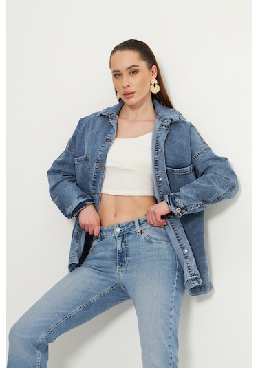 Oversize Kadın Jean Ceket Effect Orta Mavi