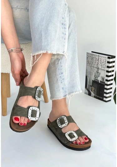 Nool Yeşil Nubuk Terlik Çok Renkli