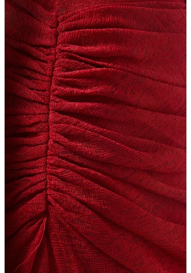 Eegen Studio Boat - Neck Midi Elbise - Rib - Knit, Uzun Kol & Toplanmış Bel Kırmızı