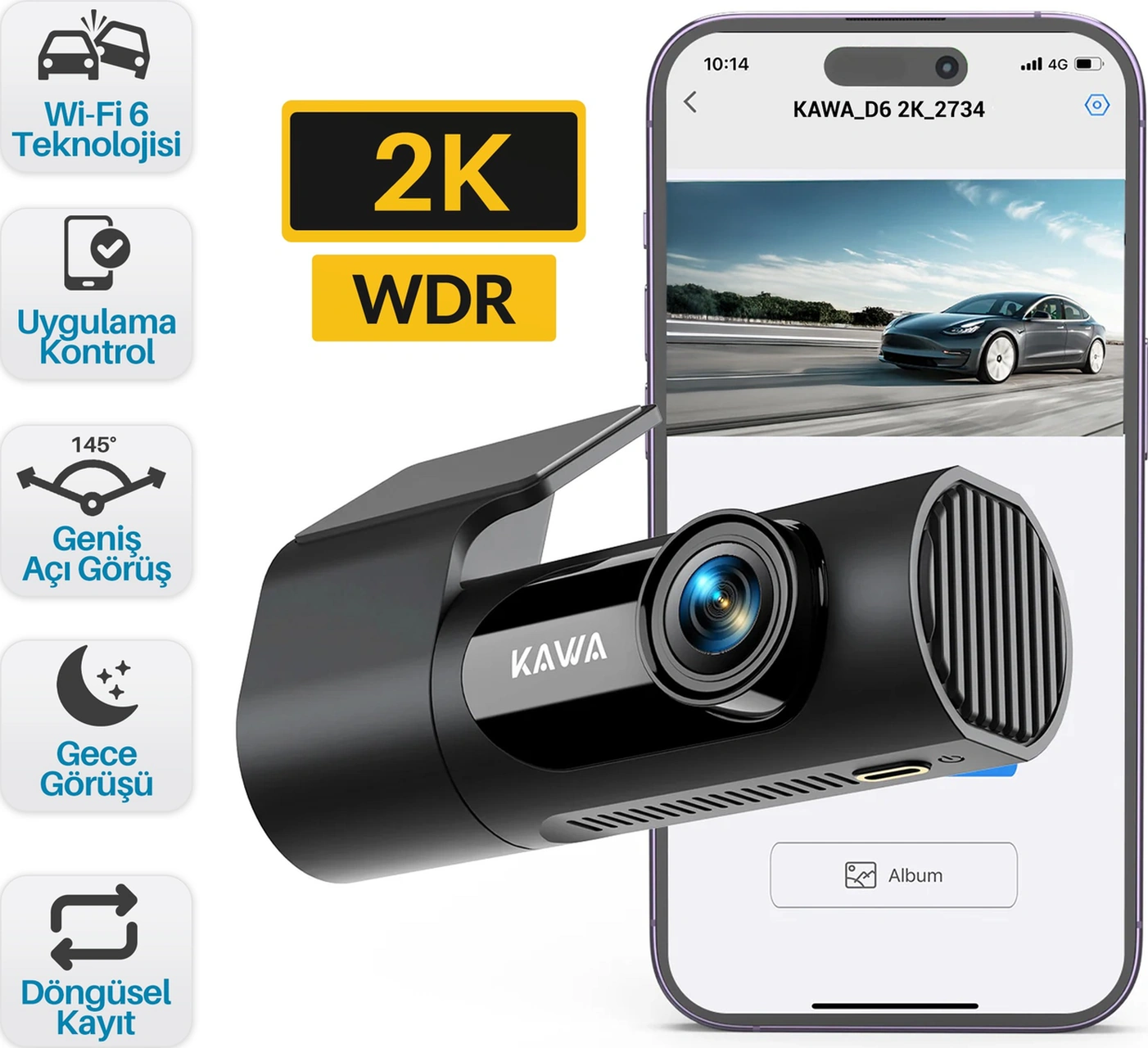 Kawa D6 2k 1440p Wifi Araç Kamerası 145 Geniş Açı Wdr Ön Kamera