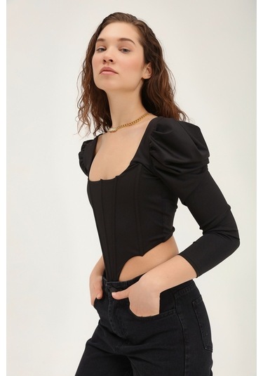Sırt Bağlamalı Balon Kol Bluz Siyah