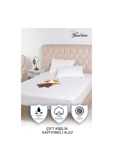 Vionel Home %100 Pamuklu Kapitone Fitted Su Sıvı Geçirmez Çift Kişilik Yatak Koruyucu Alez Beyaz