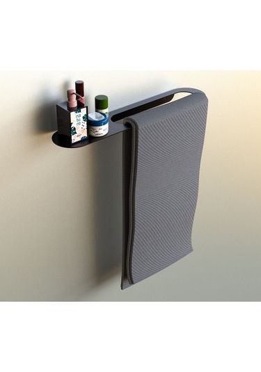 Modern Banyo Rafı Ve Havlu Askısı, Metal Duvar Montajlı, Dekoratif Duş Rafı Siyah, 44x9 Cm Siyah