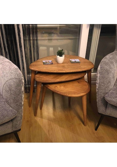 Fawdecor Masif Doğal Ahşap Modern Kestane 3'lü Zigon Sehpa Seti
