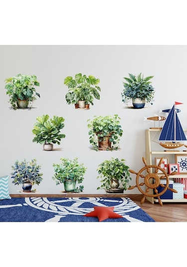 Saksılı Çiçek Tasarımlı 8li Sticker 5570 Şeffaf