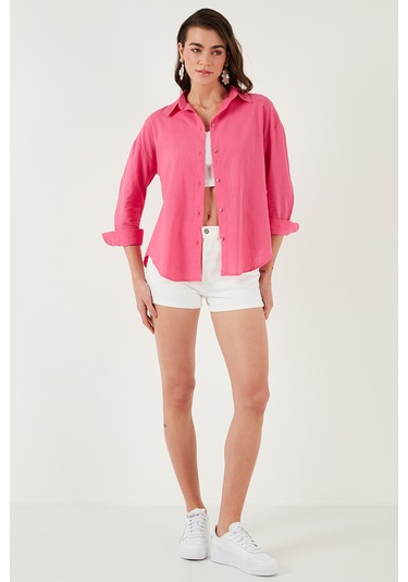 Lela Pamuklu Regular Fit Uzun Kollu Düz Bayan Gömlek Cf25S168305 Şeker Pembe