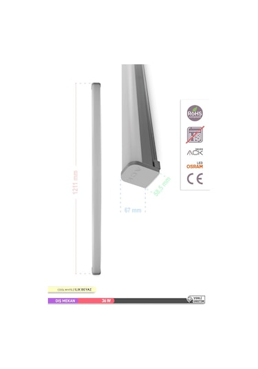 ACK LED Bant Etanj Armatür 4000K Ilık Beyaz 36W 121cm Beyaz