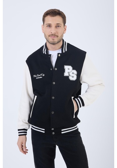 Erkek 3 İplik Pamuklu İçi Polarlı Regular Fit Nakışlı Siyah Kolej Ceket Siyah