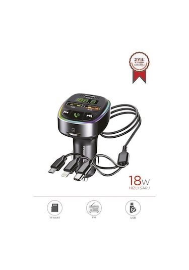 Torima G15 Siyah Fm Transmitter Araç Şarj Cihazı 18w Hızlı Şarj - Usb/type-c/tf Kart Destekli