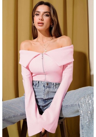 Omzu Açık Fermuarlı Bluz Pembe T4330 Pembe