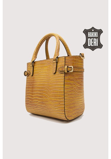 Hakiki Deri Kadın El Çantası Hardal Kroko Smr7922 Hardal Kroko