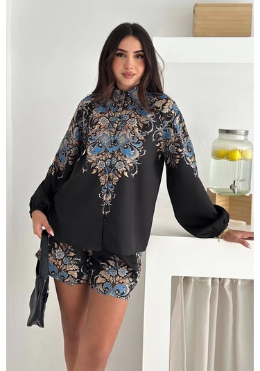 İthal Atlas Kumaş Bluz&şort Takım Siyah Siyah