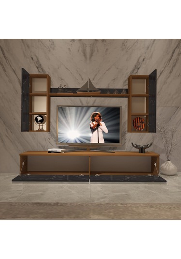 Decoraktiv Eko 5d Mdf Std Tv Ünitesi Tv Sehpası Ceviz - Siyah Mermer