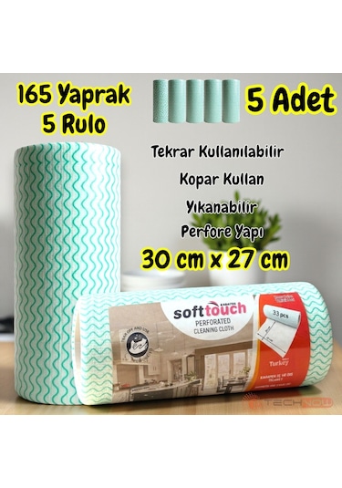Technow Softtex 33 Yaprak Kopar Kullan Rulo Hassas Temizlik Bezi 27x30cm 5'li Yeşil