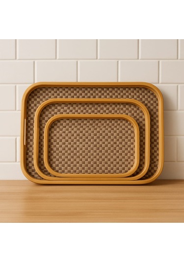 Dekorasyaa 3'lü Dikdörtgen Bambu Tepsi Bambu