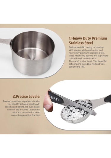 Geeksen 13'lü Manyetik Paslanmaz Çelik Ölçü Kasa Ve Kaşık Seti: 5 Kasa + 8 Çift Taraflı Kaşık + Düzeltici 1/8-1 Kasa, 1/8 Çay Kaşığı-1 Tatlı Kaşığı Gümüş