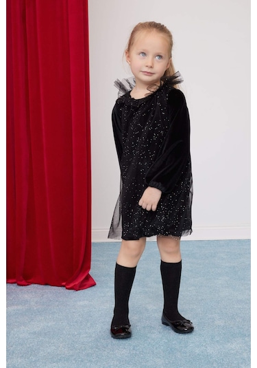 DeFacto Kız Bebek Puantiye Uzun Kollu Kadife Elbise B3476A524WNBK27 Siyah