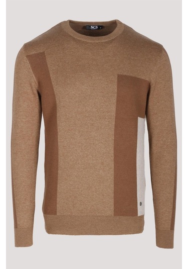 Erkek Triko Camel Bisiklet Yaka Desenli Slim Fit Pamuklu Kazak Ncs Jeans 3740-camel Camel