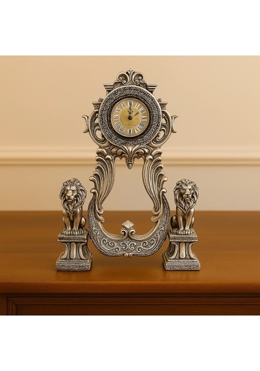 Aslan Figürlü Dekoratif Masa Saati Kraliyet Tarzı 40x28 Gümüş