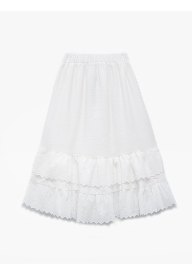 Koton Pamuklu Kat Detaylı Fırfırlı Brodeli Midi Etek Ekru 5skg70052aw Ekru