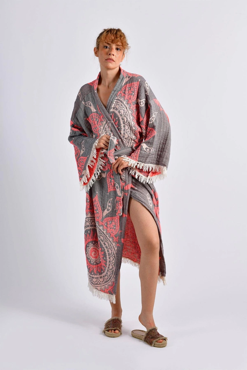 Brandsmithshop Gri- Turuncu Mandala Kimono Çok Renkli