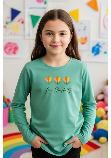 Yuvarlak Yaka Çiçek Baskı Detaylı Kız Çocuk Sweatshirt Mint