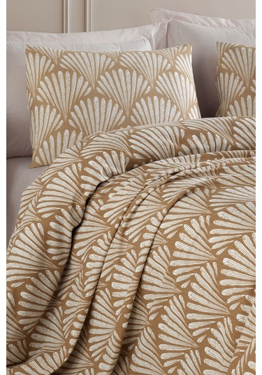 Baskılı Pike Takımı Çift Kişilik Yelpaze Kahve Kahve Kahverengi