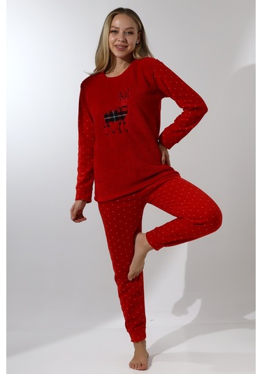 Fawn 5016 Peluş Welsoft Polar Kışlık Yumoş Geyikli Kadın Pijama Takımı Kırmızı