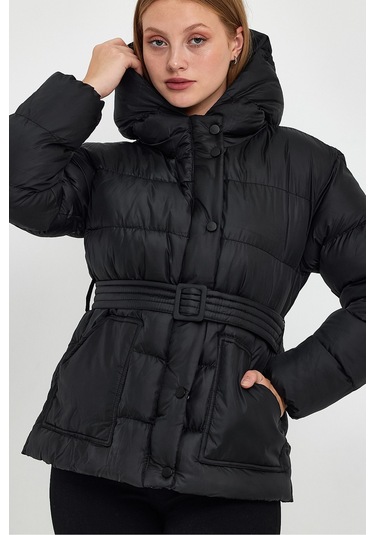 Alisse-kadın Siyah Kapüşonlu Kemerli Şişme Mont Kaban Siyah