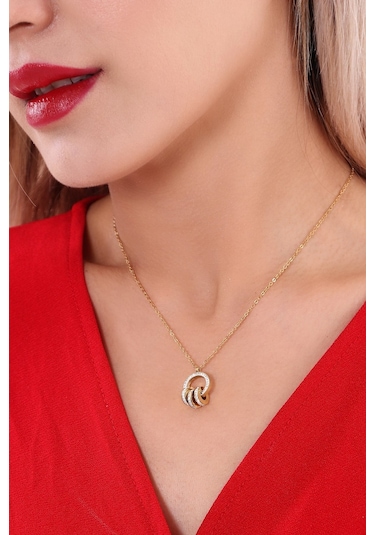 Bhs Life Kadın Zirkon Taşlı Halka Çelik Kolye Altın Renk Altın