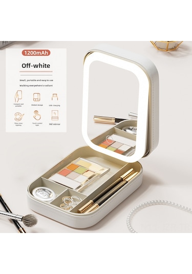Geeroyoo Led Işıklı Üç Renkli Kozmetik Aynası - Çift Katlı Makyaj Kutusu Ve Mücevher Depolama Kutusu Bej, 16.5x11.5x3.5 Cm Sütlü Beyaz Ayna