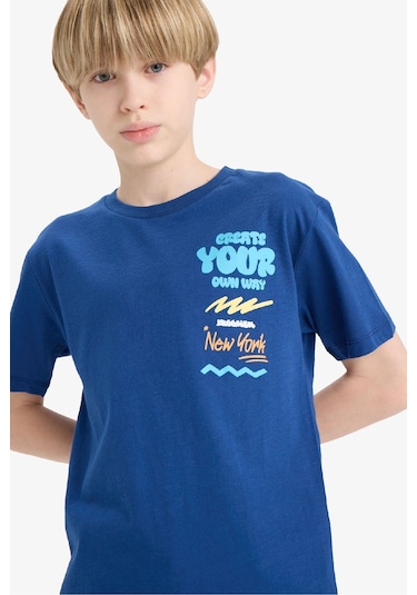 Defacto Erkek Çocuk Bisiklet Yaka Baskılı Kısa Kollu Tişört F0179a825smın176 İndigo