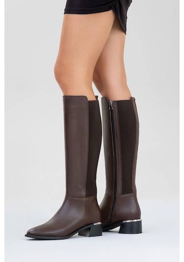 Rochos Kahve Cilt Streç Detaylı Hakiki Deri Kadın Çizme Kahve Rengi