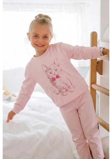 Kedi Baskılı Pijama Takım 2-8 Yaş Pudra Pembe Pudra Pembe