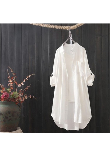 Kadın Pamuk Ve Keten Gömlek: 2023 İlkbahar/sonbahar Yeni Bol Uzun Kollu Üst İnce Ceket Orta Uzunlukta Saf Kumaş. Beyaz