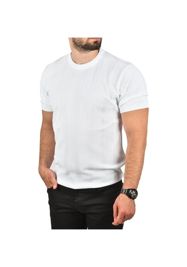 Deepsea Erkek Beyaz Dar Kesim Pamuklu Triko Tişört Slim Fit Nefes Alan Bisiklet Yaka Tişört 2504348 Beyaz