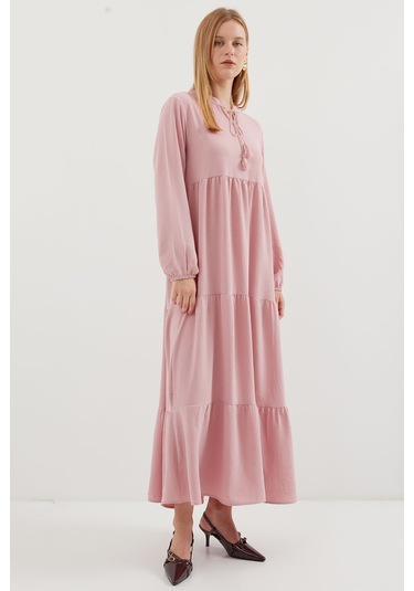 Bigdart 1627 Yaka Bağcıklı Tesettür Elbise - A. Pembe 001