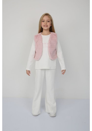 Kız Çocuk Pembe Renk Peluş Yelekli 3 Parça Alt Üt Takım Toz Pembe